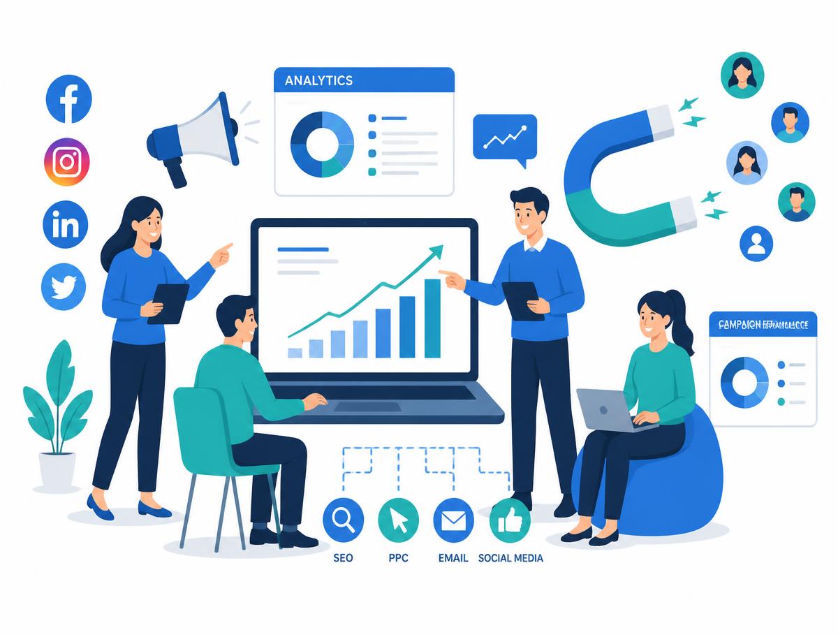 Digital marketing team reviewing campaign performance and lead growth